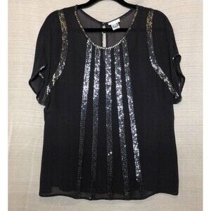 Cache Sheer Beaded Blouse Top In Charcoal Sz Med